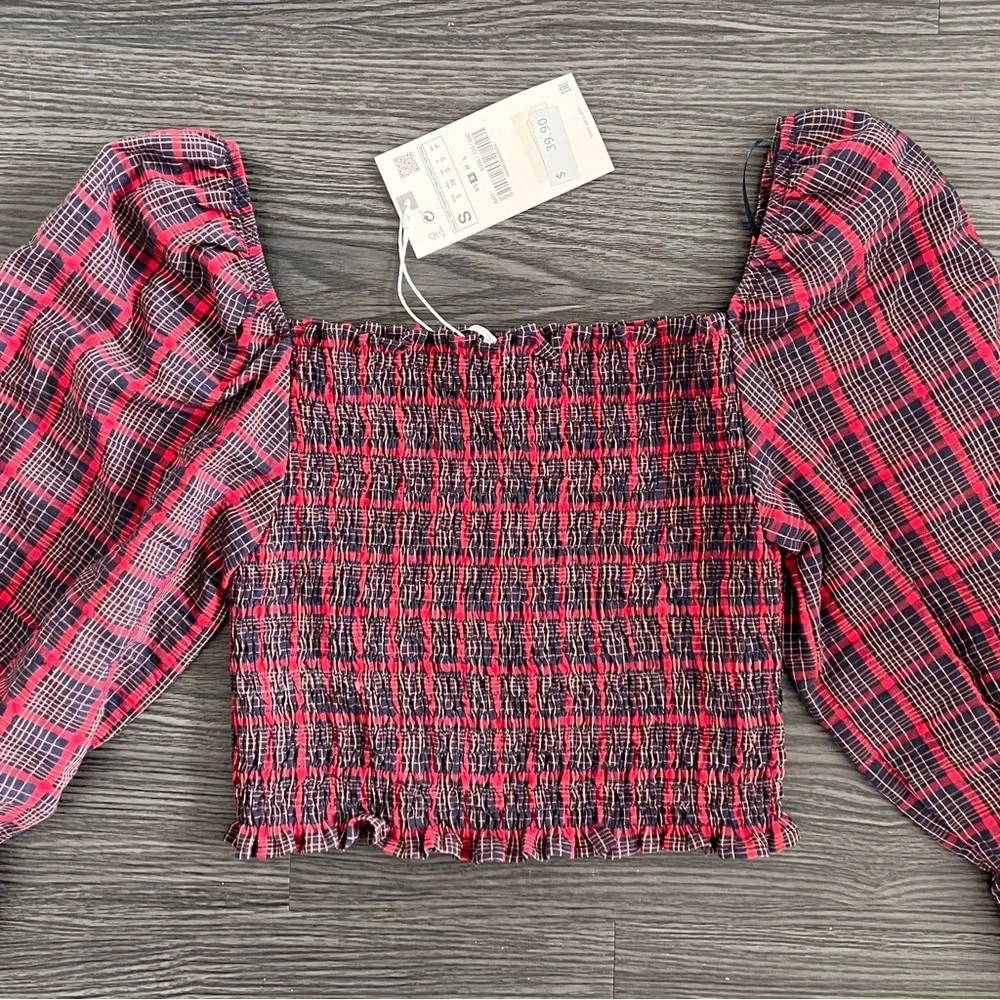 Zara Plaid Smocked Puff Sleeve Crop Top - Picture 4 of 5